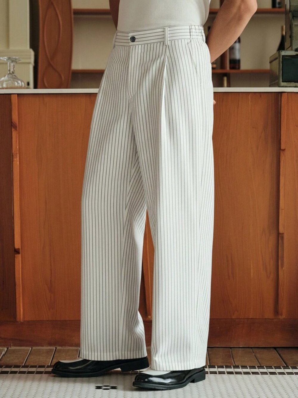 White Loose Zipper Fly Men's Striped Print Business Casual Dress Pants